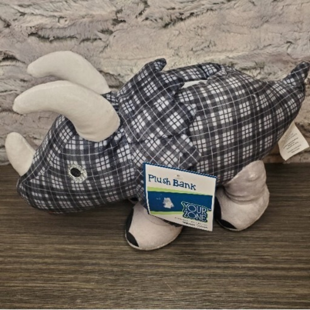 Plaid Triceratops Plush Dinosaur Stuffed Animal Bank Grey and Black Your Zone